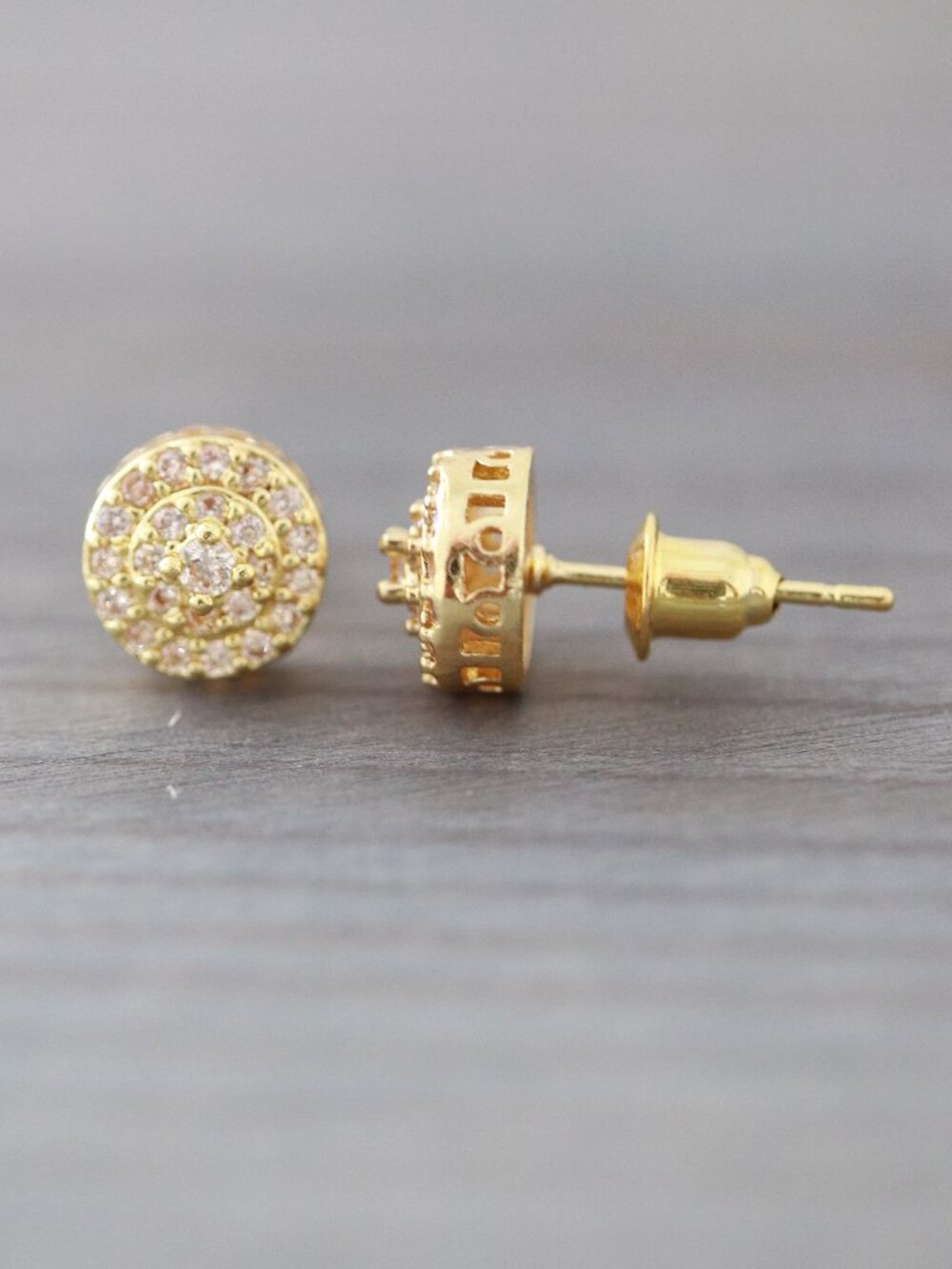 Round Pave CZ Diamond Stud Earrings 18k Gold Plated Stainless Steel